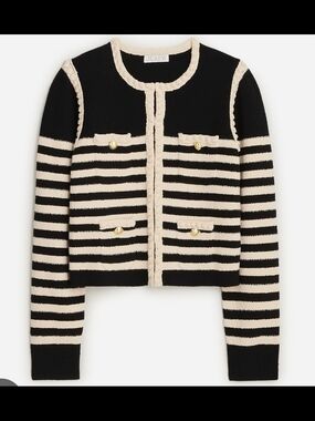 J. Crew Black & Cream Striped Cropped Cardigan with Gold Buttons